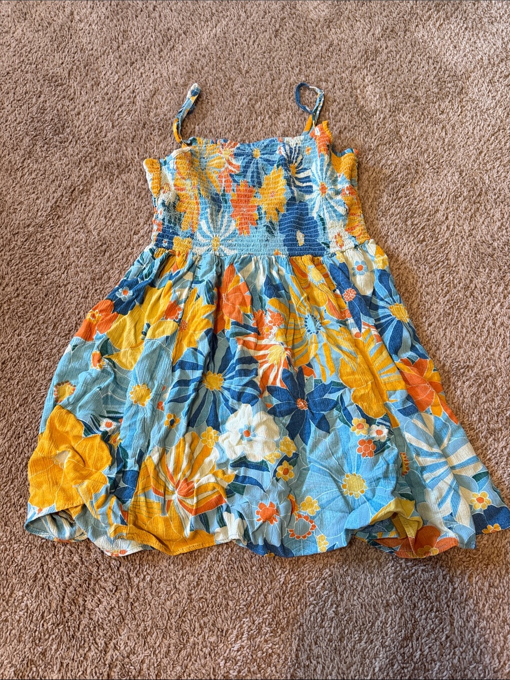 Angie Floral Smocked Sundress - Blue, Yellow & Orange